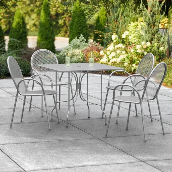 Lancaster Table & Seating Harbor Gray 36" Square Outdoor Standard Height Table With Ornate Legs And 4 Arm Chairs 1 Lancaster Table & Seating Harbor Gray 36" Square Outdoor Standard Height Table With Ornate Legs And 4 Arm Chairs