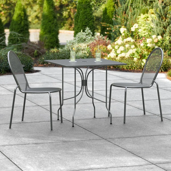 Lancaster Table & Seating Harbor Black 30" Square Outdoor Standard Height Table With Ornate Legs And 2 Side Chairs 1 Lancaster Table & Seating Harbor Black 30" Square Outdoor Standard Height Table With Ornate Legs And 2 Side Chairs