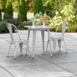 LT&S Alloy Series Lancaster Table & Seating Alloy Series 24" X 24" Silver Dining Height Outdoor Table With 2 Industrial Cafe Chairs