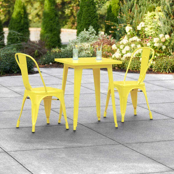 LT&S Alloy Series Lancaster Table & Seating Alloy Series 24" X 24" Yellow Dining Height Outdoor Table With 2 Industrial Cafe Chairs 1 LT&S Alloy Series Lancaster Table & Seating Alloy Series 24" X 24" Yellow Dining Height Outdoor Table With 2 Industrial Cafe Chairs