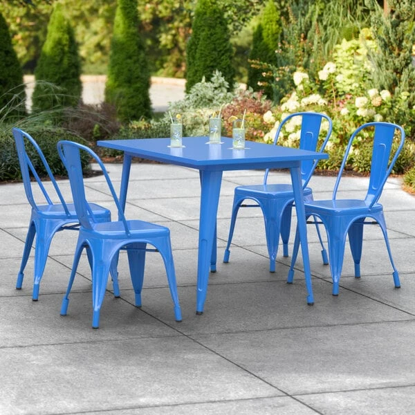 LT&S Alloy Series Lancaster Table & Seating Alloy Series 48" X 30" Blue Dining Height Outdoor Table With 4 Industrial Cafe Chairs 1 LT&S Alloy Series Lancaster Table & Seating Alloy Series 48" X 30" Blue Dining Height Outdoor Table With 4 Industrial Cafe Chairs
