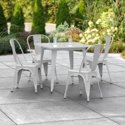 LT&S Alloy Series Lancaster Table & Seating Alloy Series 32" X 32" Silver Dining Height Outdoor Table With 4 Industrial Cafe Chairs