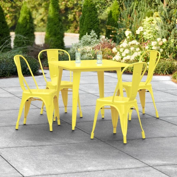 LT&S Alloy Series Lancaster Table & Seating Alloy Series 32" X 32" Yellow Dining Height Outdoor Table With 4 Industrial Cafe Chairs 1 LT&S Alloy Series Lancaster Table & Seating Alloy Series 32" X 32" Yellow Dining Height Outdoor Table With 4 Industrial Cafe Chairs