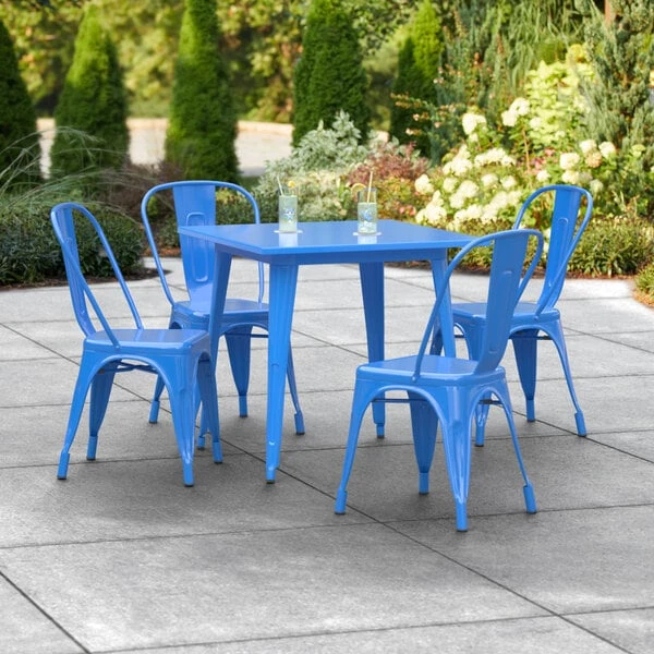 LT&S Alloy Series Lancaster Table & Seating Alloy Series 32" X 32" Blue Dining Height Outdoor Table With 4 Industrial Cafe Chairs 1 LT&S Alloy Series Lancaster Table & Seating Alloy Series 32" X 32" Blue Dining Height Outdoor Table With 4 Industrial Cafe Chairs