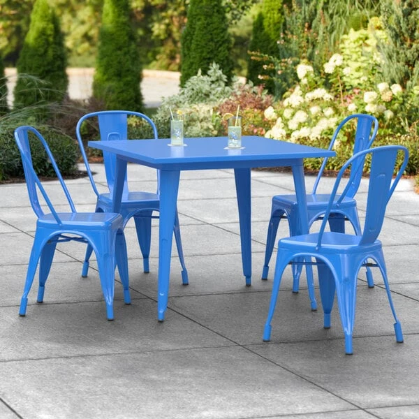 LT&S Alloy Series Lancaster Table & Seating Alloy Series 36" X 36" Blue Dining Height Outdoor Table With 4 Industrial Cafe Chairs 1 LT&S Alloy Series Lancaster Table & Seating Alloy Series 36" X 36" Blue Dining Height Outdoor Table With 4 Industrial Cafe Chairs
