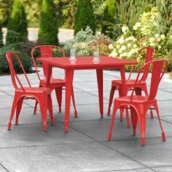 LT&S Alloy Series Lancaster Table & Seating Alloy Series 36" X 36" Red Dining Height Outdoor Table With 4 Industrial Cafe Chairs
