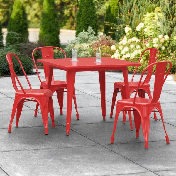 LT&S Alloy Series Lancaster Table & Seating Alloy Series 36" X 36" Red Dining Height Outdoor Table With 4 Industrial Cafe Chairs 1 LT&S Alloy Series Lancaster Table & Seating Alloy Series 36" X 36" Red Dining Height Outdoor Table With 4 Industrial Cafe Chairs