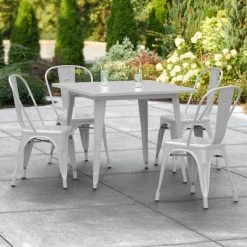 LT&S Alloy Series Lancaster Table & Seating Alloy Series 36" X 36" Silver Dining Height Outdoor Table With 4 Industrial Cafe Chairs