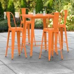 LT&S Alloy Series Lancaster Table & Seating Alloy Series 32" X 32" Orange Outdoor Bar Height Table With 4 Metal Cafe Bar Stools