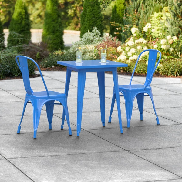 LT&S Alloy Series Lancaster Table & Seating Alloy Series 24" X 24" Blue Dining Height Outdoor Table With 2 Industrial Cafe Chairs 1 LT&S Alloy Series Lancaster Table & Seating Alloy Series 24" X 24" Blue Dining Height Outdoor Table With 2 Industrial Cafe Chairs