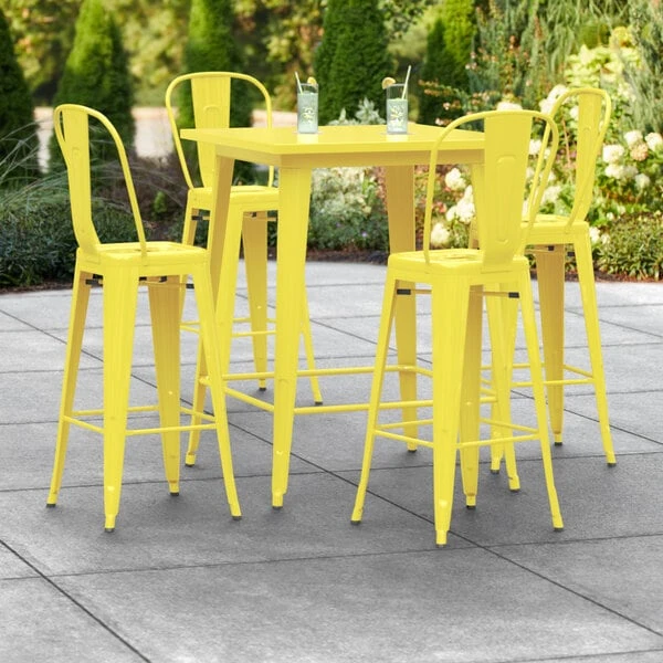 LT&S Alloy Series Lancaster Table & Seating Alloy Series 32" X 32" Yellow Outdoor Bar Height Table With 4 Metal Cafe Bar Stools 1 LT&S Alloy Series Lancaster Table & Seating Alloy Series 32" X 32" Yellow Outdoor Bar Height Table With 4 Metal Cafe Bar Stools