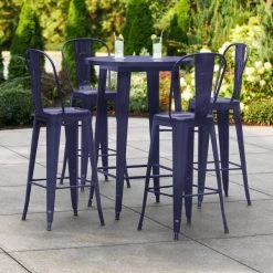 LT&S Alloy Series Lancaster Table & Seating Alloy Series 30" Round Navy Outdoor Bar Height Table With 4 Metal Cafe Bar Stools