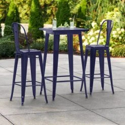 LT&S Alloy Series Lancaster Table & Seating Alloy Series 24" X 24" Navy Outdoor Bar Height Table With 2 Metal Cafe Bar Stools