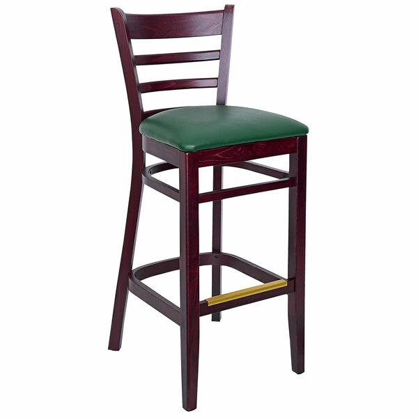 BFM Seating Berkeley Dark Mahogany Beechwood Ladder Back Barstool With 2" Green Vinyl Seat 1 BFM Seating Berkeley Dark Mahogany Beechwood Ladder Back Barstool With 2" Green Vinyl Seat