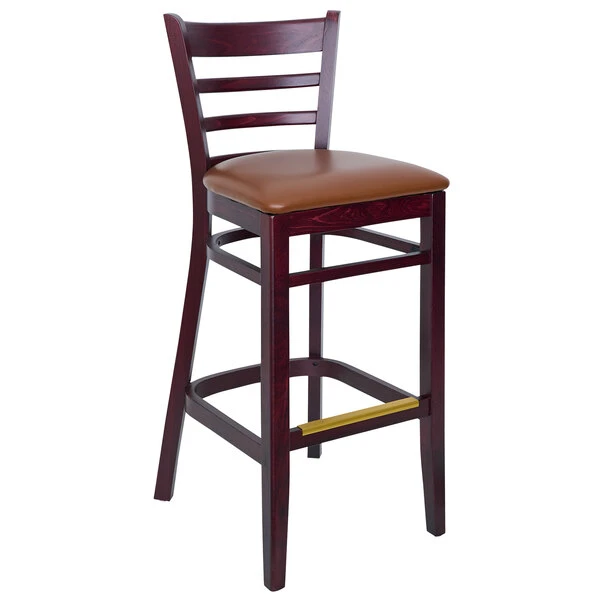BFM Seating Berkeley Dark Mahogany Beechwood Ladder Back Barstool With 2" Light Brown Vinyl Seat 1 BFM Seating Berkeley Dark Mahogany Beechwood Ladder Back Barstool With 2" Light Brown Vinyl Seat