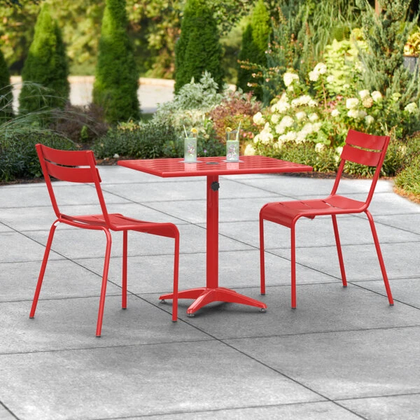 Lancaster Table & Seating 24" X 32" Red Powder-Coated Aluminum Dining Height Outdoor Table With Umbrella Hole And 2 Side Chairs 1 Lancaster Table & Seating 24" X 32" Red Powder-Coated Aluminum Dining Height Outdoor Table With Umbrella Hole And 2 Side Chairs