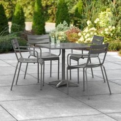 Lancaster Table & Seating 32" X 32" Matte Gray Powder-Coated Aluminum Dining Height Outdoor Table With Umbrella Hole And 4 Arm Chairs