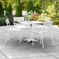 Lancaster Table & Seating 32" X 32" White Powder-Coated Aluminum Dining Height Outdoor Table With Umbrella Hole And 4 Side Chairs
