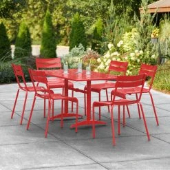 Lancaster Table & Seating 32" X 60" Red Powder-Coated Aluminum Dining Height Outdoor Table With Umbrella Hole And 6 Side Chairs