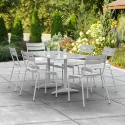 Lancaster Table & Seating 32" X 60" Silver Powder-Coated Aluminum Dining Height Outdoor Table With Umbrella Hole And 6 Side Chairs