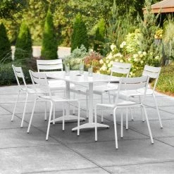 Lancaster Table & Seating 32" X 60" White Powder-Coated Aluminum Dining Height Outdoor Table With Umbrella Hole And 6 Side Chairs
