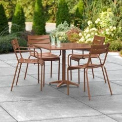 Lancaster Table & Seating 36" X 36" Brown Powder-Coated Aluminum Dining Height Outdoor Table With Umbrella Hole And 4 Arm Chairs