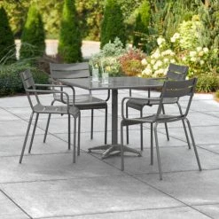 Lancaster Table & Seating 36" X 36" Matte Gray Powder-Coated Aluminum Dining Height Outdoor Table With Umbrella Hole And 4 Arm Chairs