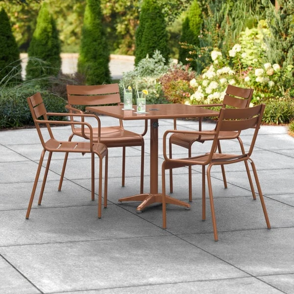 Lancaster Table & Seating 32" X 32" Brown Powder-Coated Aluminum Dining Height Outdoor Table With Umbrella Hole And 4 Arm Chairs 1 Lancaster Table & Seating 32" X 32" Brown Powder-Coated Aluminum Dining Height Outdoor Table With Umbrella Hole And 4 Arm Chairs