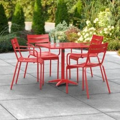 Lancaster Table & Seating 32" X 32" Red Powder-Coated Aluminum Dining Height Outdoor Table With Umbrella Hole And 4 Arm Chairs