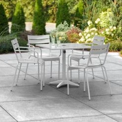Lancaster Table & Seating 32" X 32" Silver Powder-Coated Aluminum Dining Height Outdoor Table With Umbrella Hole And 4 Arm Chairs