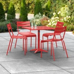 Lancaster Table & Seating 32" X 32" Red Powder-Coated Aluminum Dining Height Outdoor Table With Umbrella Hole And 4 Side Chairs