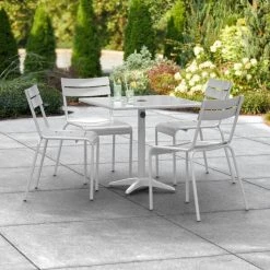 Lancaster Table & Seating 32" X 32" Silver Powder-Coated Aluminum Dining Height Outdoor Table With Umbrella Hole And 4 Side Chairs