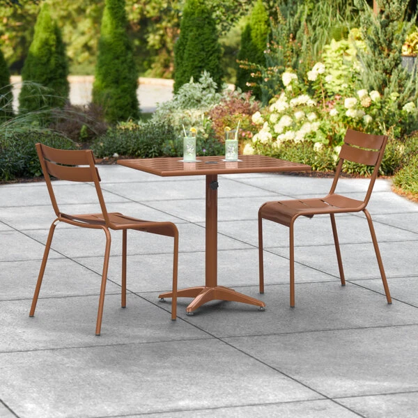 Lancaster Table & Seating 24" X 32" Brown Powder-Coated Aluminum Dining Height Outdoor Table With Umbrella Hole And 2 Side Chairs 1 Lancaster Table & Seating 24" X 32" Brown Powder-Coated Aluminum Dining Height Outdoor Table With Umbrella Hole And 2 Side Chairs