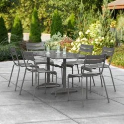 Lancaster Table & Seating 32" X 60" Matte Gray Powder-Coated Aluminum Dining Height Outdoor Table With Umbrella Hole And 6 Side Chairs