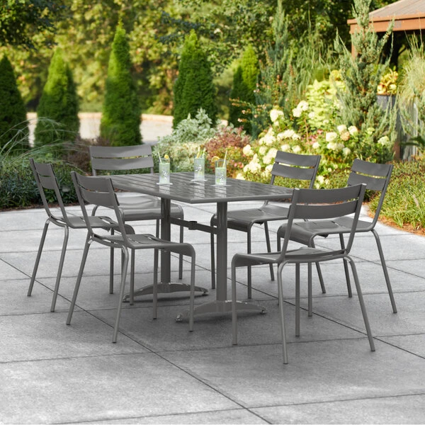Lancaster Table & Seating 32" X 60" Matte Gray Powder-Coated Aluminum Dining Height Outdoor Table With Umbrella Hole And 6 Side Chairs 1 Lancaster Table & Seating 32" X 60" Matte Gray Powder-Coated Aluminum Dining Height Outdoor Table With Umbrella Hole And 6 Side Chairs