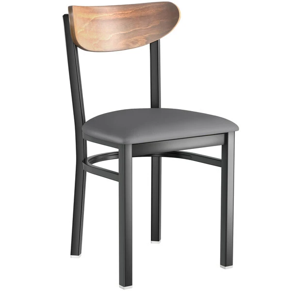 LT&S Boomerang Series Lancaster Table & Seating Boomerang Black Finish Chair With 2 1/2" Dark Gray Vinyl Padded Seat And Vintage Wood Back 2 LT&S Boomerang Series Lancaster Table & Seating Boomerang Black Finish Chair With 2 1/2" Dark Gray Vinyl Padded Seat And Vintage Wood Back - Image 2
