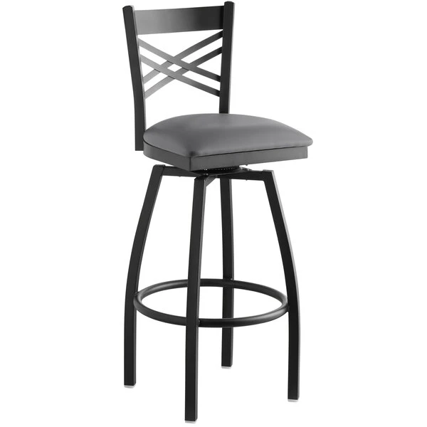Lancaster Table & Seating Black Finish Cross Back Swivel Bar Stool With 2 1/2" Dark Gray Vinyl Padded Seat 2 Lancaster Table & Seating Black Finish Cross Back Swivel Bar Stool With 2 1/2" Dark Gray Vinyl Padded Seat - Image 2