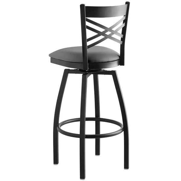 Lancaster Table & Seating Black Finish Cross Back Swivel Bar Stool With 2 1/2" Dark Gray Vinyl Padded Seat 3 Lancaster Table & Seating Black Finish Cross Back Swivel Bar Stool With 2 1/2" Dark Gray Vinyl Padded Seat - Image 3