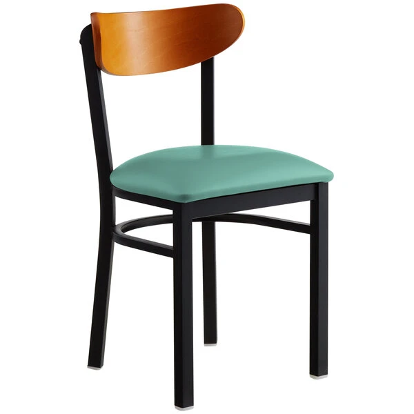 LT&S Boomerang Series Lancaster Table & Seating Boomerang Black Finish Chair With 2 1/2" Seafoam Vinyl Padded Seat And Cherry Wood Back 2 LT&S Boomerang Series Lancaster Table & Seating Boomerang Black Finish Chair With 2 1/2" Seafoam Vinyl Padded Seat And Cherry Wood Back - Image 2