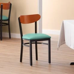 LT&S Boomerang Series Lancaster Table & Seating Boomerang Black Finish Chair With 2 1/2" Seafoam Vinyl Padded Seat And Cherry Wood Back