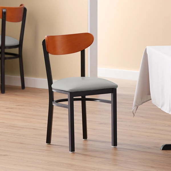 LT&S Boomerang Series Lancaster Table & Seating Boomerang Black Finish Chair With 2 1/2" Light Gray Vinyl Padded Seat And Cherry Wood Back 1 LT&S Boomerang Series Lancaster Table & Seating Boomerang Black Finish Chair With 2 1/2" Light Gray Vinyl Padded Seat And Cherry Wood Back