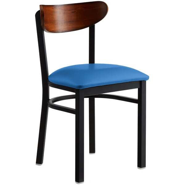 LT&S Boomerang Series Lancaster Table & Seating Boomerang Black Finish Chair With 2 1/2" Blue Vinyl Padded Seat And Antique Walnut Wood Back 2 LT&S Boomerang Series Lancaster Table & Seating Boomerang Black Finish Chair With 2 1/2" Blue Vinyl Padded Seat And Antique Walnut Wood Back - Image 2