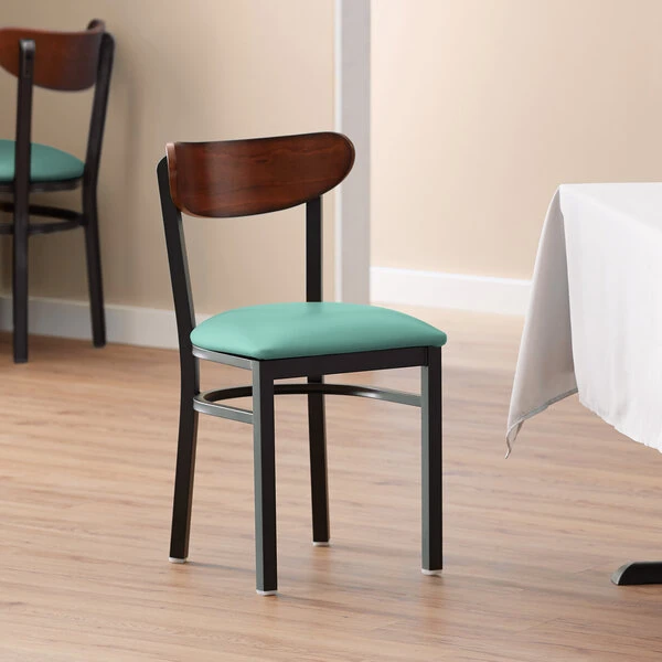 LT&S Boomerang Series Lancaster Table & Seating Boomerang Black Finish Chair With 2 1/2" Seafoam Vinyl Padded Seat And Antique Walnut Wood Back 1 LT&S Boomerang Series Lancaster Table & Seating Boomerang Black Finish Chair With 2 1/2" Seafoam Vinyl Padded Seat And Antique Walnut Wood Back