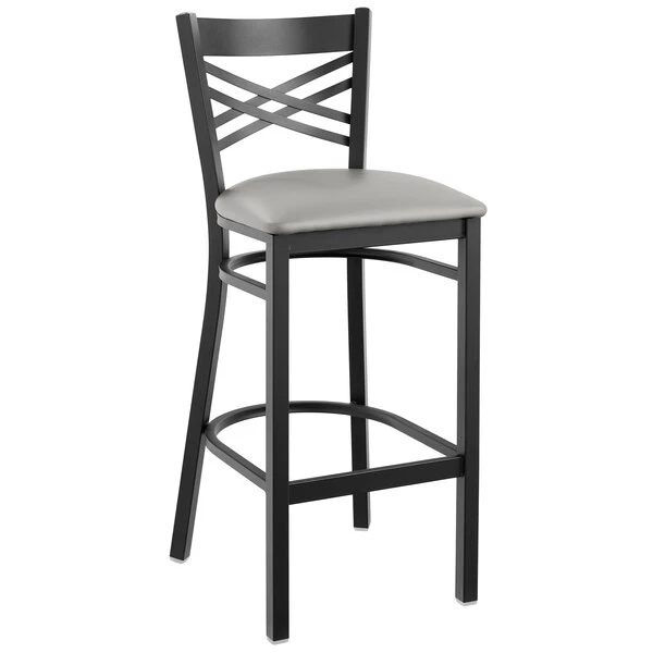 Lancaster Table & Seating Black Finish Cross Back Bar Stool With 2 1/2" Light Gray Vinyl Padded Seat 2 Lancaster Table & Seating Black Finish Cross Back Bar Stool With 2 1/2" Light Gray Vinyl Padded Seat - Image 2