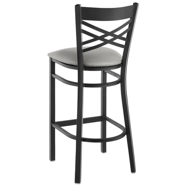 Lancaster Table & Seating Black Finish Cross Back Bar Stool With 2 1/2" Light Gray Vinyl Padded Seat 3 Lancaster Table & Seating Black Finish Cross Back Bar Stool With 2 1/2" Light Gray Vinyl Padded Seat - Image 3