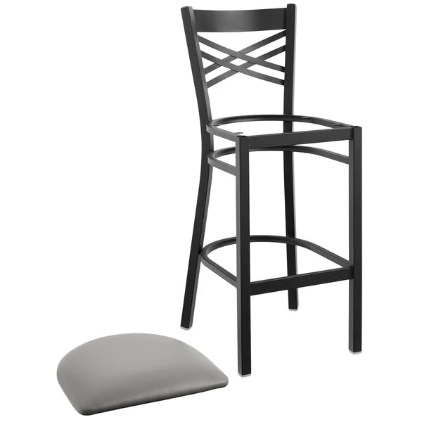 Lancaster Table & Seating Black Finish Cross Back Bar Stool With 2 1/2" Light Gray Vinyl Padded Seat 4 Lancaster Table & Seating Black Finish Cross Back Bar Stool With 2 1/2" Light Gray Vinyl Padded Seat - Image 4