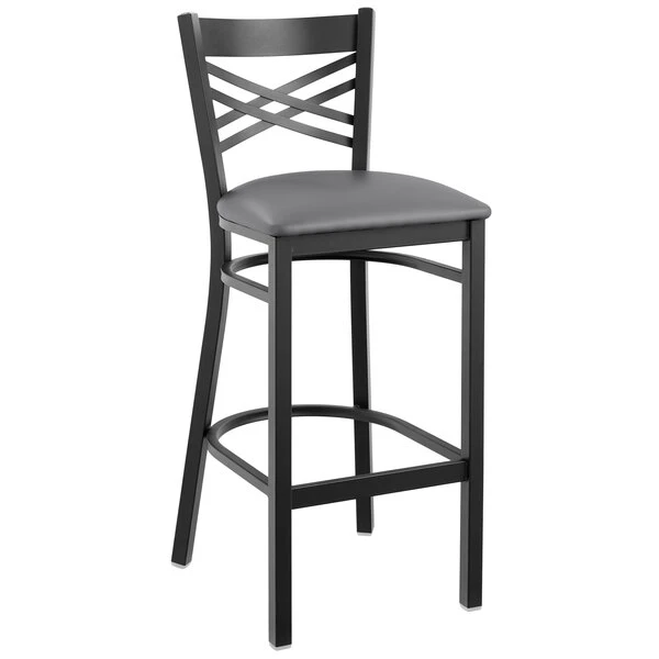 Lancaster Table & Seating Black Finish Cross Back Bar Stool With 2 1/2" Dark Gray Vinyl Padded Seat 2 Lancaster Table & Seating Black Finish Cross Back Bar Stool With 2 1/2" Dark Gray Vinyl Padded Seat - Image 2