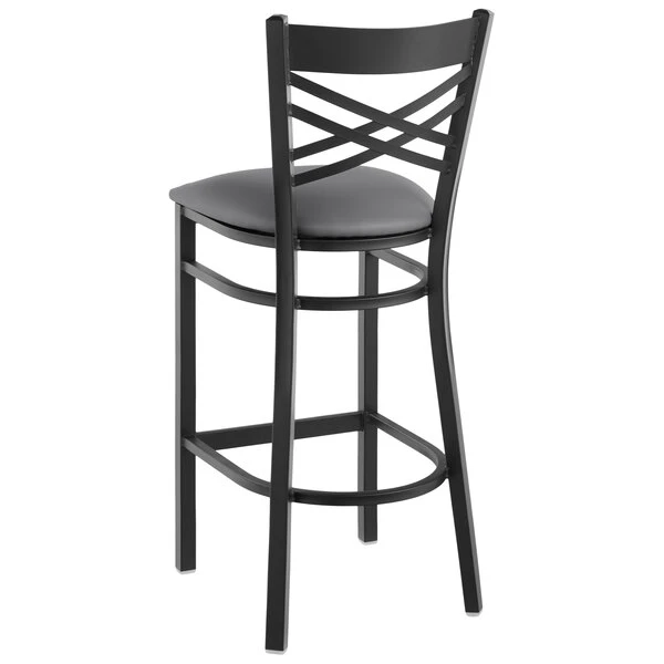 Lancaster Table & Seating Black Finish Cross Back Bar Stool With 2 1/2" Dark Gray Vinyl Padded Seat 3 Lancaster Table & Seating Black Finish Cross Back Bar Stool With 2 1/2" Dark Gray Vinyl Padded Seat - Image 3