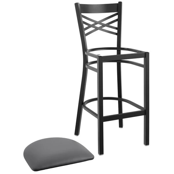 Lancaster Table & Seating Black Finish Cross Back Bar Stool With 2 1/2" Dark Gray Vinyl Padded Seat 4 Lancaster Table & Seating Black Finish Cross Back Bar Stool With 2 1/2" Dark Gray Vinyl Padded Seat - Image 4