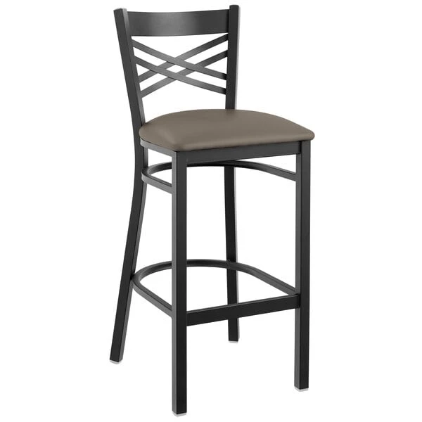 Lancaster Table & Seating Black Finish Cross Back Bar Stool With 2 1/2" Taupe Vinyl Padded Seat 2 Lancaster Table & Seating Black Finish Cross Back Bar Stool With 2 1/2" Taupe Vinyl Padded Seat - Image 2